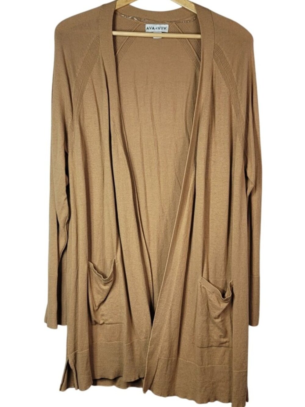 Ava & Viv Women Cardigan Brown 1X Knit Long Sleeve Pockets Open Front Sweater
